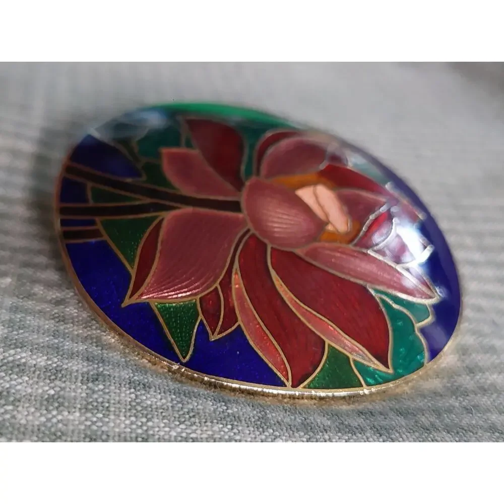 Pink Red Cloisonne Lotus Guilloche Enamel Buckle